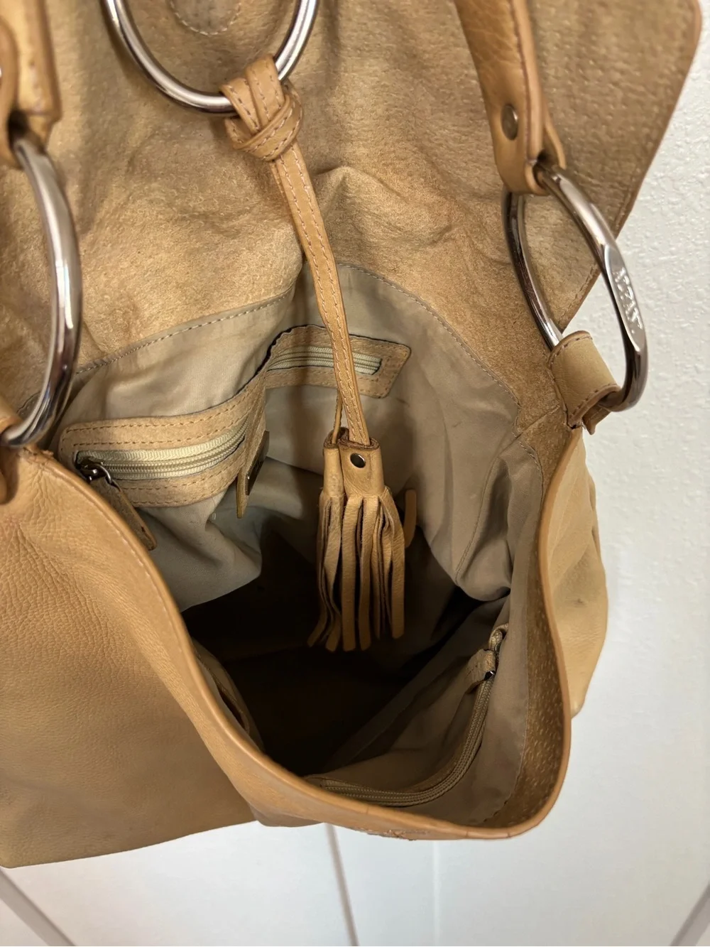 Alfani Beige Shoulder Bag with Ring & Tassel